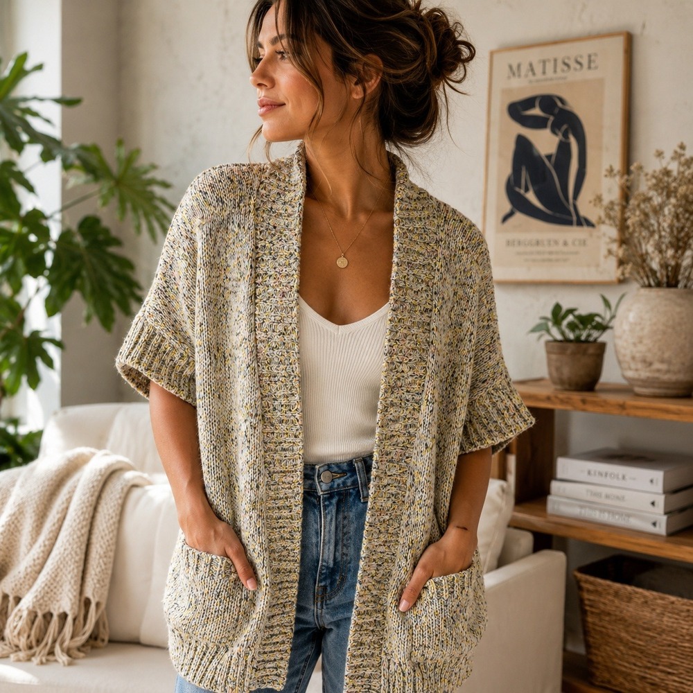 Naturals d&co Women Large Marled Knit Open Front Cardigan Short Sleeve Yellow